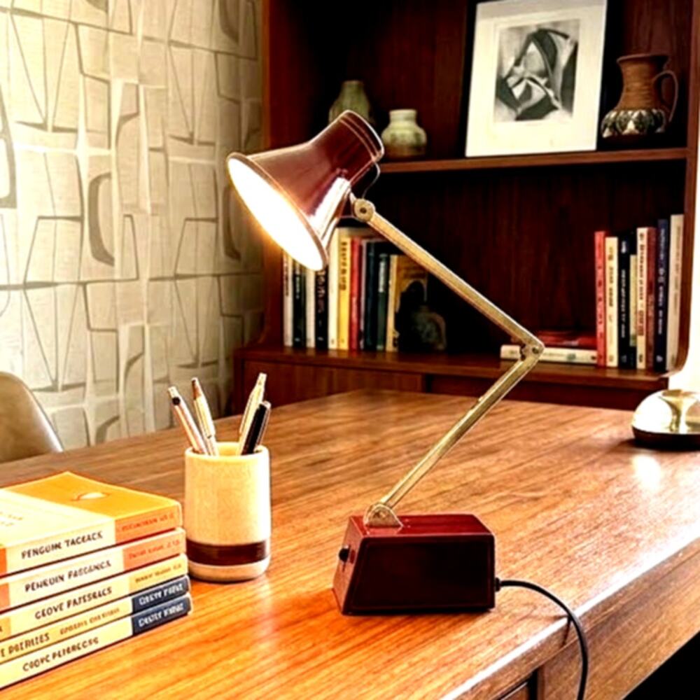 Tensor vintage high-intensity desk lamp burgundy brass block base mid century